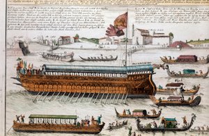 Ansicht der Lagune von Venedig und des Bucentaur. Am Himmelfahrtstag überquerte der Doge die Lagune von Venedig, um die Mündung des offenen Meeres an Bord eines Schiffes namens Bucentaur zu erreichen. Gravur. Venedig, Museo Correr