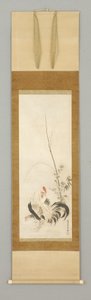 Kakemono, Hahn und Henne mit Blumen