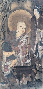 Religiöses Gemälde, das einen jungen Mönch mit einer Hirschkuh darstellt, Gemälde auf Seide, japanische Zivilisation, Heian-Periode, 794-1185
