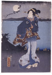 Frau am Seeufer, die den Vollmond und herabsteigende Gänse beobachtet von School Japanese