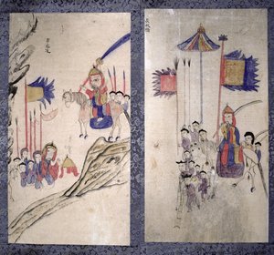 Ein Panel von einem achtteiligen Bildschirm, das eine Geschichte der drei Königreiche darstellt von School Korean