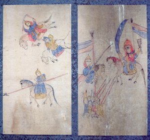 Ein Panel von einem achtteiligen Bildschirm, das eine Geschichte der drei Königreiche darstellt von School Korean