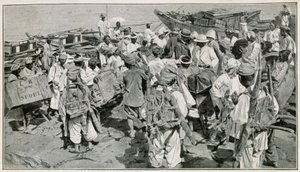 Koreanische Träger im Hafen von Chemulpo (Südkorea), Entladen der Dschunken - Illustration nach einer Fotografie aus dem 19. Jahrhundert von J. de Pange, aus Reisen in Korea von Dr. Hagen von School Korean