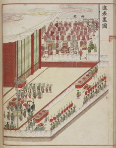 Koreanisches Hofritual. Seite aus einem Hofmanuskript, das den 60. Jahrestag der Vollendung der Ehe von Lady Hyegyong und Kronprinz Sado im Jahr 1749 zeigt von School Korean