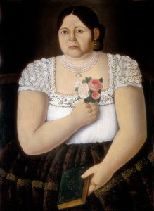 Porträt einer einheimischen Puebla-Frau mit einem Rosenstrauß