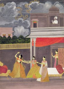 Eine Dame wird nachts aus einem Sturm hereingebracht: Illustration aus dem musikalischen Modus Madhu Madhavi