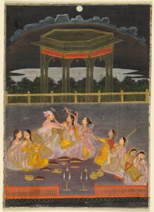 Ein Prinz feiert Holi mit Palastfrauen auf einer Terrasse bei Nacht; verso: Kalligraphie eines Vierzeilers von School Mughal
