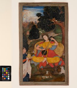 Eine sitzende Frau spielt die Vina, bedient von einer Dienerin, ca. 1590 von School Mughal