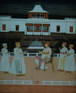 Hazan Riza überreicht eine Bittschrift an den Nawab von Oudhaa in einem Mughal-Garten