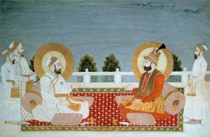 Indische Kunst: „Darstellung von Mohammed Shah (1702-1748) indischer Kaiser und Nadir Shah (1688-1747), Schah von Iran“ Miniatur der Mughole-Schule, Muhammad Shah (1526-1858 n. Chr.) Paris, Musée Guimet, Musée national des Arts Asiatiques