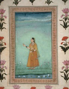 Dame mit Obst, stehend an einem Seerosenteich, aus dem Small Clive Album, c.1600 von School Mughal