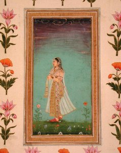 Dame, die durch Blumen geht, aus dem Kleinen Clive-Album von School Mughal