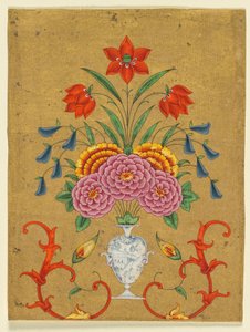 Vase mit Blumenarrangement und Rollwerk von School Mughal