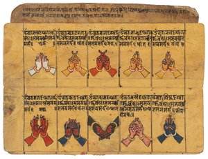Ein Thyasapu-Manuskript mit ikonografischen Illustrationen von Mudras, Nepal