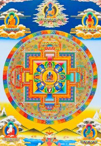 Akshobhya Mandala, Darstellung des unerschütterlichen Buddha als Bhumi Sparsa Mudra mit der Erde als Zeuge seiner Erleuchtung von School Nepalese
