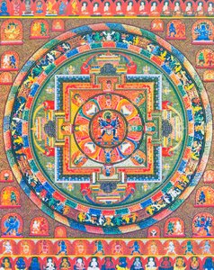 Chakrasambhara Mandala, zeigt die Hauptgottheit Sambhara, die seine Gefährtin Vajrabarahi umarmt, symbolisiert die Vereinigung von Weisheit und Praxis zur Erlangung höchster Glückseligkeit (Darstellung)