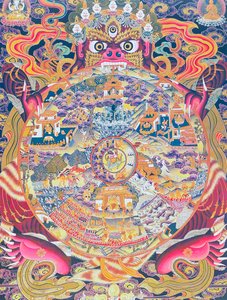 Bild des Lebensrades, das den Kalachakra oder das verblendete Dasein im Mund von Yama, dem Gott des Todes, darstellt, der Geburt, Tod und Wiedergeburt repräsentiert von School Nepalese