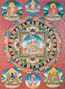 Weißes Tara Mandala; die siebenäugige weibliche Gottheit des buddhistischen Pantheons, die die Göttin des Mitgefühls und die Beschützerin der Menschen darstellt von School Nepalese