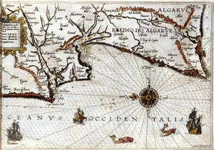 Kap Sagres (oder Heiliges Kap) am Ende von Portugal nach dem Portulan von Luca J. Waghenaer Treesor of zeevaert, gedruckt in Leiden 1592