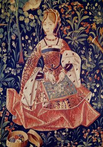 Wandteppich des seigneurialen Lebens: Stickerei, Detail, Woll- und Seidentapisserie um 1520 in den Niederlanden gefertigt