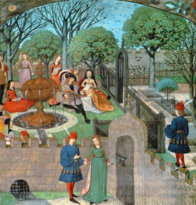 Gartenszene, der Liebhaber und Dame Oyseuse (Müßiggang) außerhalb der Gartenmauern, aus dem 