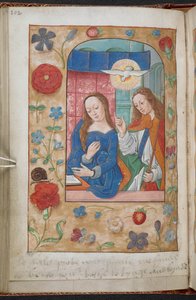 Die Verkündigung. Ein Rand aus Blumen, Früchten, Vögeln, Insekten usw. auf einem blassgoldenen Grund. Eine Inschrift (in Anne Boleyns Hand) am Fuß des Folios, 