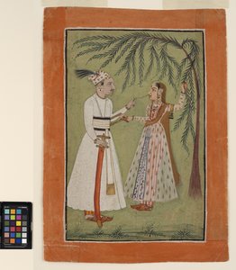 Ein Herrscher zieht an einer Haarsträhne einer Dame, die sich an einem Baum festhält, um 1705