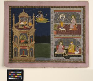 Vishnu nähert sich einem goldenen Turm auf Garuda, ca. 1825