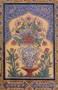 Vase mit Blumen, dekoratives Detail aus der Wazir Khan Moschee (17. Jahrhundert), Lahore, Punjab, Pakistan