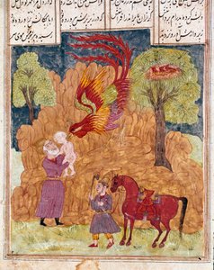 Der fabelhafte Vogel Simurgh trägt Zal, den Sohn von König Siyam, der in den Bergen ausgesetzt wurde, weil er kein Albino ist