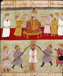 Islamische Kunst: Ein König mit seinen Begleitern, Schlangen, die von den Höflingen gefüttert werden, darunter eine Folterszene eines Feindes