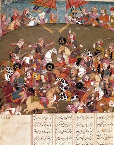 Islamische Kunst: Kampfszene. Persische Miniatur aus einem Manuskript des Epos „Schahnameh“ (Buch der Könige) von Ferdowsi