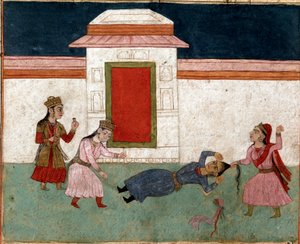 Islamische Kunst: Zwei Konkubinen kämpfen in einem Harem, die Favoritin greift das Haar ihrer Rivalin. Persische Miniatur aus einem Manuskript des epischen Gedichts 