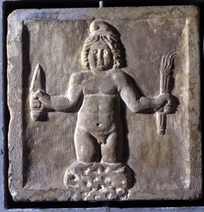 Darstellung von Mitra (oder Mithra), einer iranischen Gottheit, die aus einem Felsen geboren wurde. Flachrelief. Er wird dargestellt, wie er eine Mahlzeit mit Sol teilt. Konservatorenpalast, Rom.
