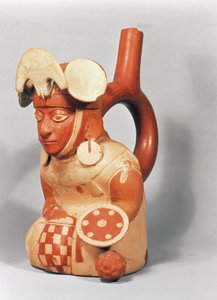 Mochica-Stirrup-Vase in Form eines Kriegers, 300-800 n. Chr. (Terrakotta)