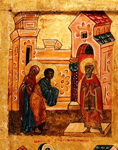 Ikone, die den Besuch von Joachim und Anna im Tempel in Jerusalem darstellt (Detail) von School Russian