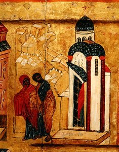 Ikone, die die Ablehnung der Geschenke von Joachim und Anna aufgrund ihrer Kinderlosigkeit darstellt (Detail) von School Russian