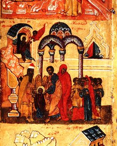 Ikone, die die Kindheit der Jungfrau und ihre Weihe an Gott zeigt, ca. 1550 (Detail) von School Russian