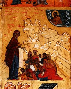 Ikone, die die wundersame Erscheinung der Jungfrau an Prinz Andrei Bogoliubski im Jahr 1155 darstellt (Detail) von School Russian