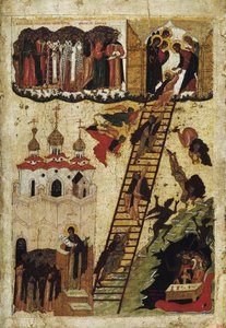 ""Die Himmelsleiter des heiligen Johannes Klimakos"" Sie stellt die Mönche dar, die den Gipfel der Leiter erreichen und diejenigen, die in die Hölle fallen - russische Ikone aus dem frühen 16. Jahrhundert Staatliches Russisches Museum, Sankt Petersburg