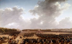 Parade auf dem Marsfeld, im Vordergrund Alexander Puschkin und Nikolaus I. auf einem Pferd von School Russian