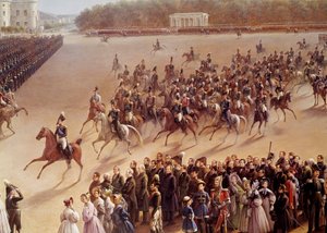 Parade auf dem Marsfeld, im Vordergrund Alexander Puschkin (1799-1837) und Nikolaus I. (1796-1855) auf einem Pferd, die zur Kaiserin in einer Kutsche in Paris reiten (Detail). Gemälde der russischen Schule. 1825-1830. Sankt Petersburg, Museum