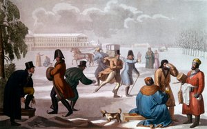 Schlittschuhläufer in Sankt Petersburg. Lithographie, Russische Schule