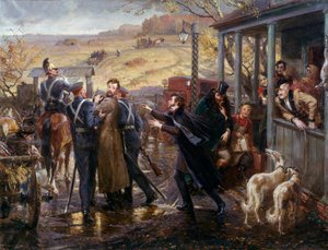 Der russische Dichter Alexander Puschkin (1799-1837) trifft seinen Dekabristen-Freund Kukhelbacker, der 1827 zum Bahnhof Zabaze abreist von School Russian