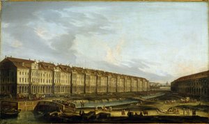 Ansicht des Gebäudes der Zwölf Kollegien in Sankt Petersburg. Beschreibung des Kaufmannshofs an der Newa, Verkehr und Transport von Waren und Kutschen. von School Russian