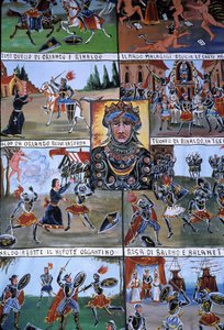 Ein Puppentheaterdekor namens Puppi, das zu einer sizilianischen Tradition gehört, die bis in die Antike zurückreicht und die Geschichte von Invasionen und normannischen Eroberungen erzählt. Palermo, Sizilien, Italien. von School Sicilian