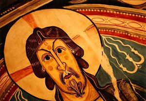 Christus in Majestät flankiert von Seraphim und Symbolen der Evangelisten, Kopie des Originals aus dem 12. Jahrhundert (Fresko) (Detail) von School Spanish
