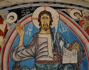 Christus in Majestät flankiert von Seraphim und Symbolen der Evangelisten, Kopie des Originals aus dem 12. Jahrhundert von School Spanish