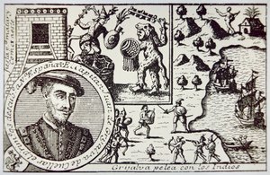 Spanier unter Juan de Grijalva landen in Yucatan und kämpfen gegen Maya-Krieger in der Schlacht von Champoton, Mai 1518 von School Spanish