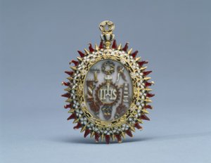 Zweiseitiger Anhänger mit Symbolen Christi und der Passion und Christus im Tempel unter den Ältesten